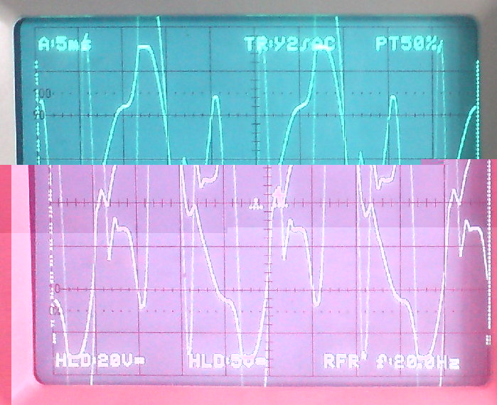 Und so sah das ganze im Moment der Überspannung aus (leider 2 Kanäle gleichzeitig, der Kanal mit 20V hat die Differenz zwischen 2 verschiedenen Nulleitern gemessen, den mit 5V muss man sich wieder als ca. 90V pro Kästchen denken, dort ist die Spannung zu sehen --- dies ist die Linie, die nach oben und unten noch komplett im Bild ist.