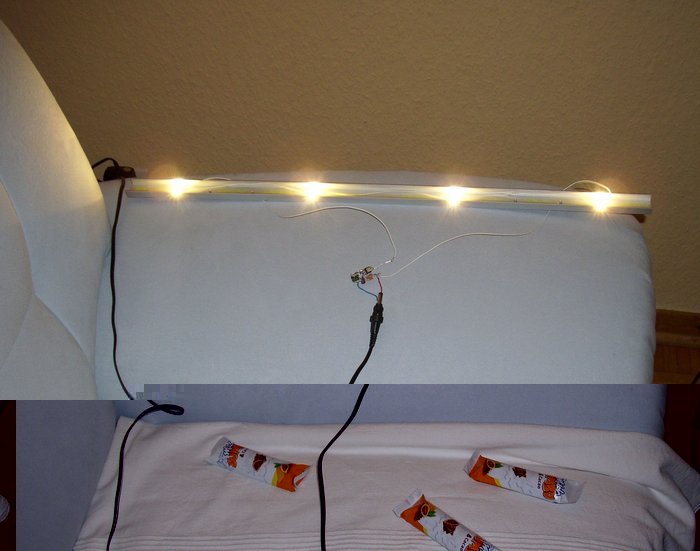 DSCI0041_cut.jpg (487.24 KiB) 31265 mal betrachtet LED-Leiste testweise auf dem Sofa, mit den Schoko-Riegeln habe ich 3 der 4 LEDs über eine Stunde lang abgedeckt --- sie sind nicht geschmolzen, nichtmal weich geworden, das Alu-U-profil erreicht nichtmal Körpertemperatur (350 mA durch die LEDs, alle 20 cm eine LED, U-Profil 20mm breit, Kanten 10 mm, Stärke 2 mm
